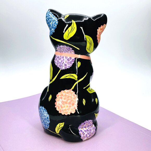 Vintage 90s Bella Casa GANZ Black Cat Head Vase: Whimsical Floral - Pink Bow - Picture 3 of 12